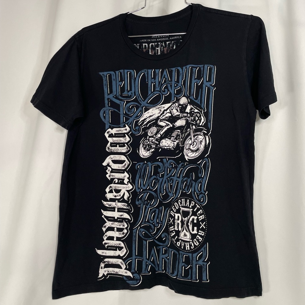Red Chapter black ‘work hard / play harder’ graphic biker tee sz M
